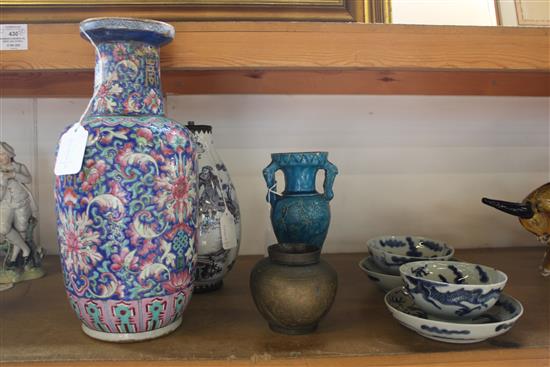 Canton enamelled vase (rim a.f), tea bowls & saucers, Delft lamp base & sundries